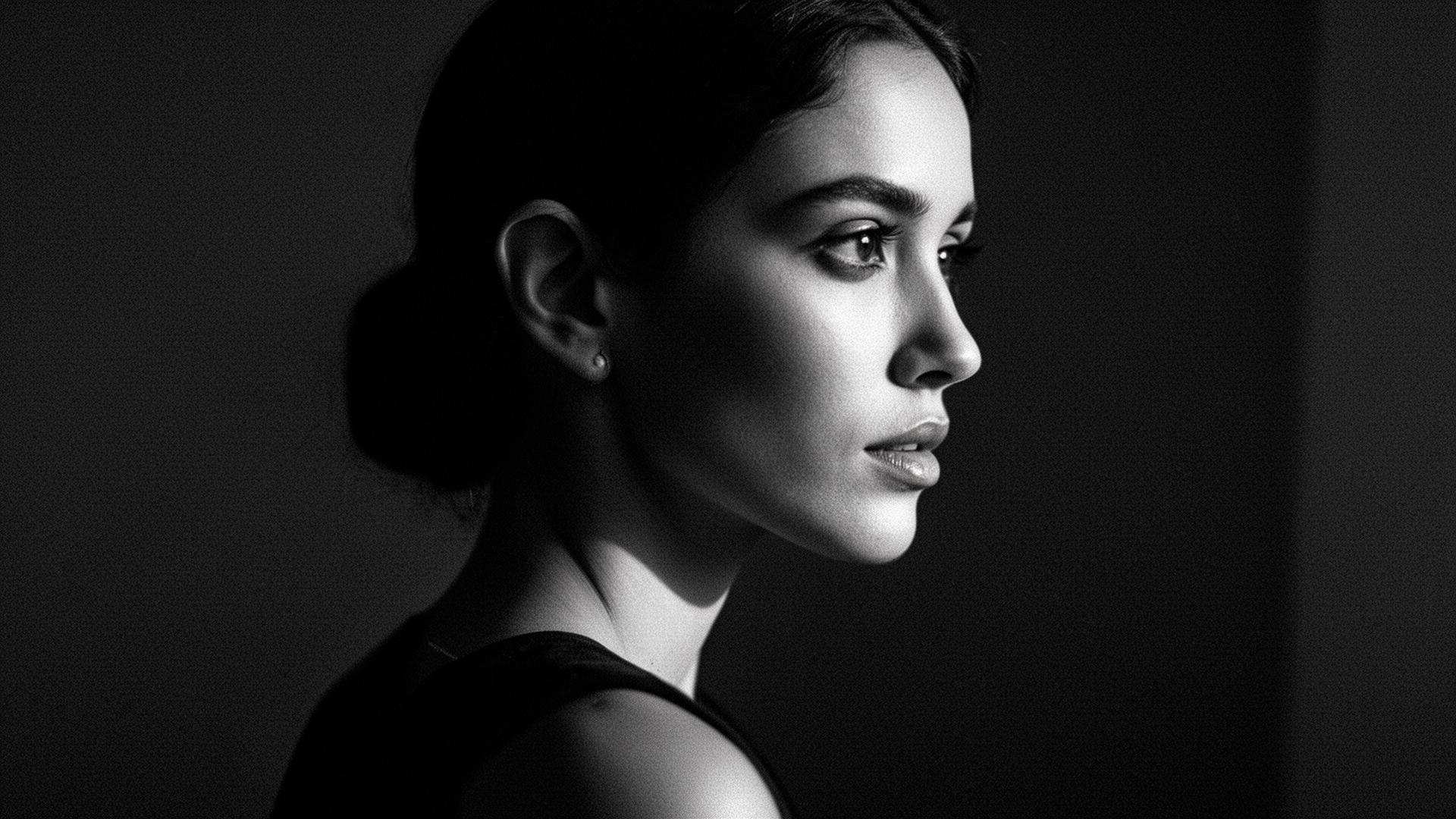 Editorial black and white portrait with dramatic side lighting